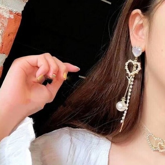 Mismatch Dangle Stud Earrings Hearts Pearl Beads and Pave NEW! 1247K2 - Picture 4 of 7